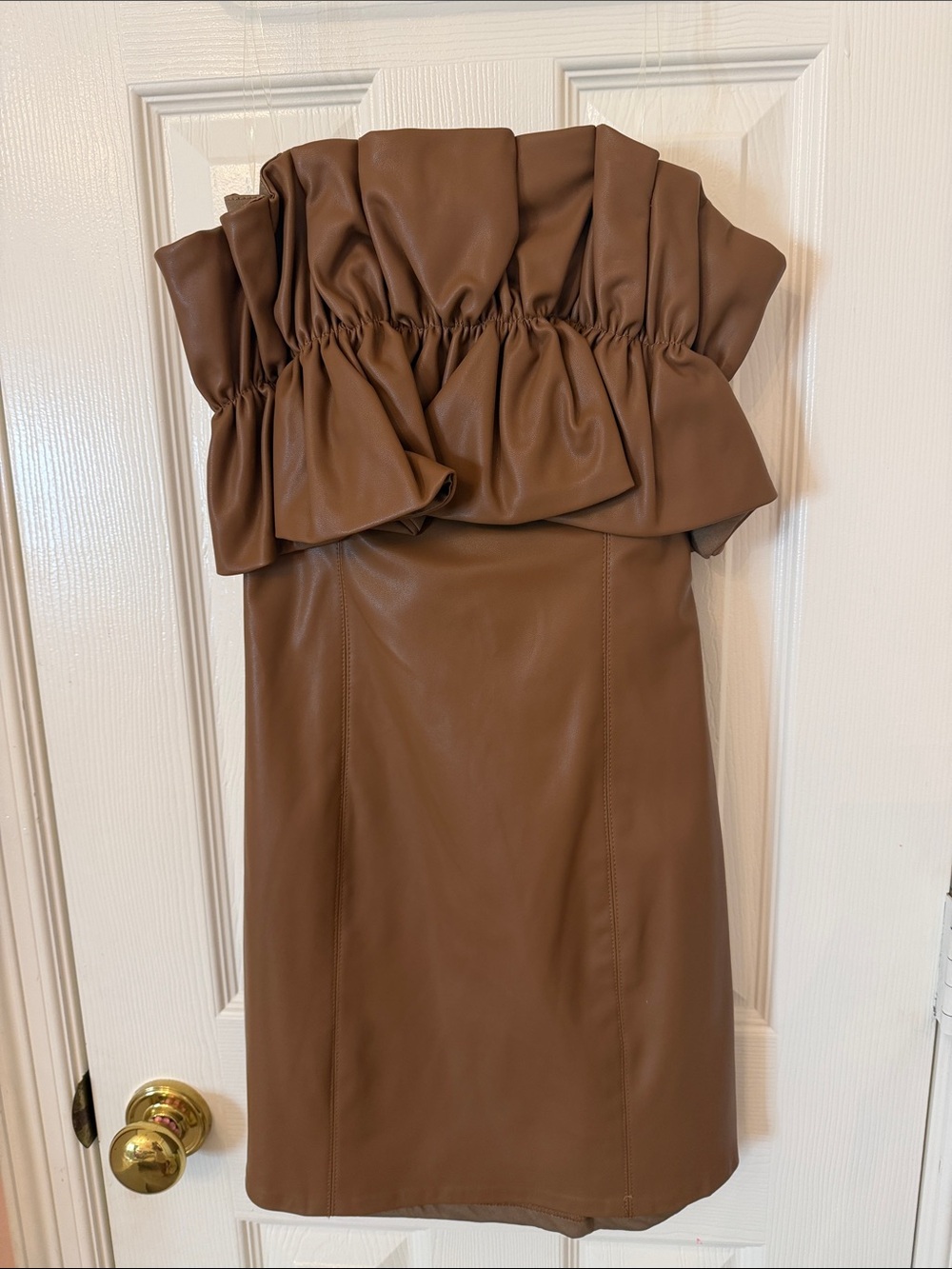 DO+BE Faux Leather Strapless Ruffle Mini Dress in Brown Size S